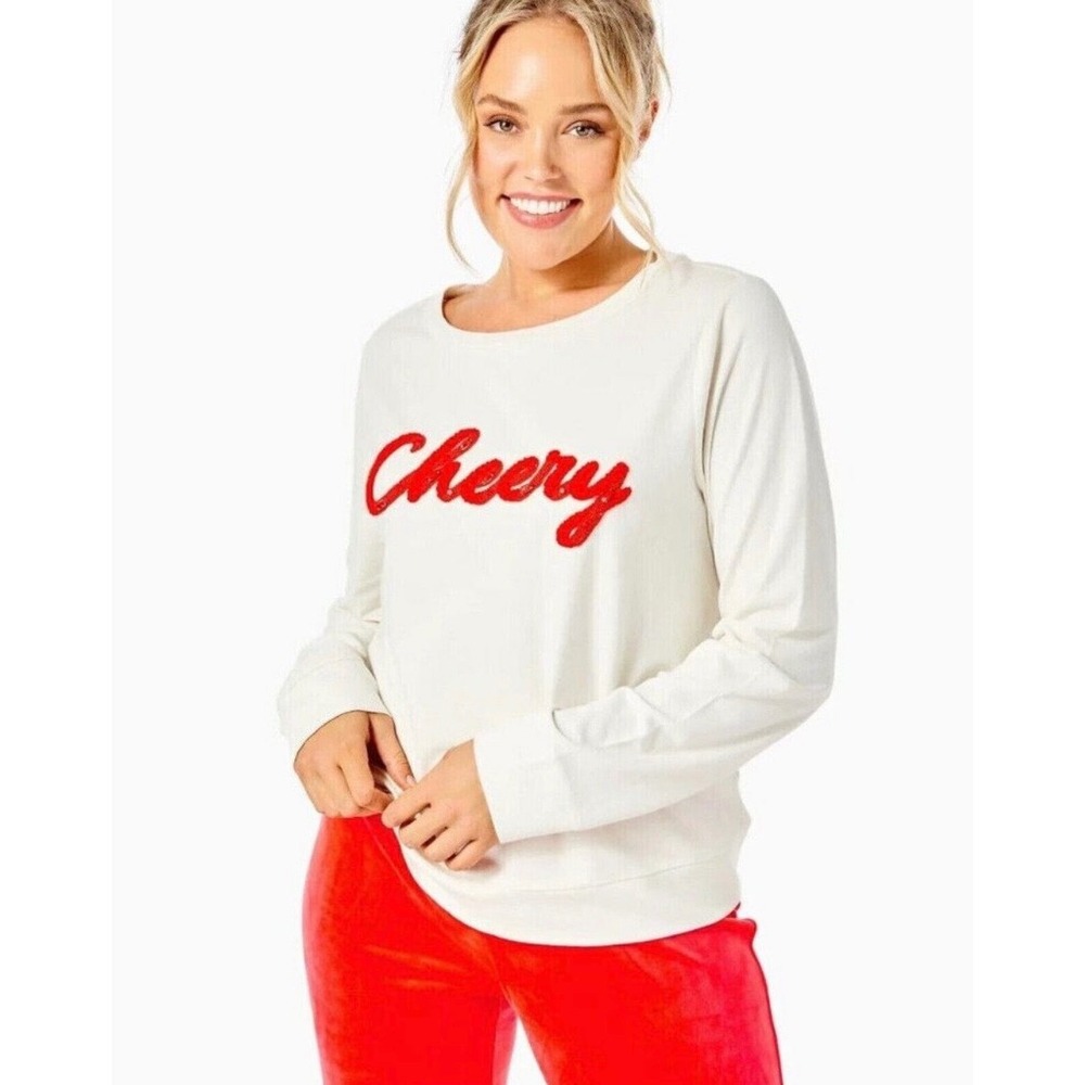 Lilly Pulitzer Rami Long Sleeve Sweatshirt Ivory Ruby Red Cheery Sequin XL NEW